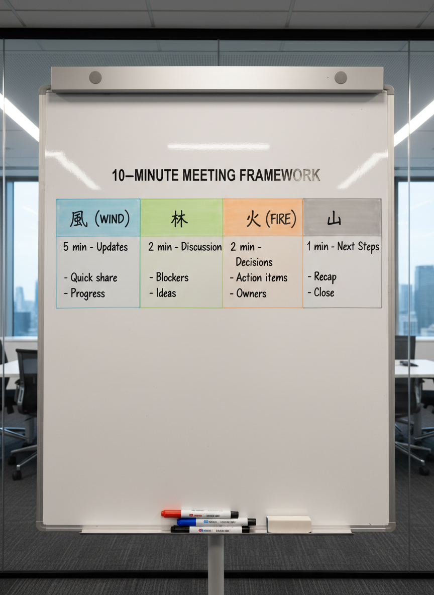 A large whiteboard in a sleek conference room, its glossy surface filled with an organized framework for a 10-minute meeting: a clear timeline divided into four colored segments labeled 風, 林, 火, 山, with concise bullet points beneath each. Several neatly arranged magnetic markers and an eraser rest on a narrow metal tray below. The background shows blurred hints of glass partitions and a subtle city skyline through tall windows. Bright but soft overhead office lighting gently reflects off the whiteboard, emphasizing key words while casting minimal shadows. Photographic realism at a straight-on angle with sharp focus throughout conveys a professional, methodical mood, highlighting the structure and clarity of effective management conversations without showing any people.