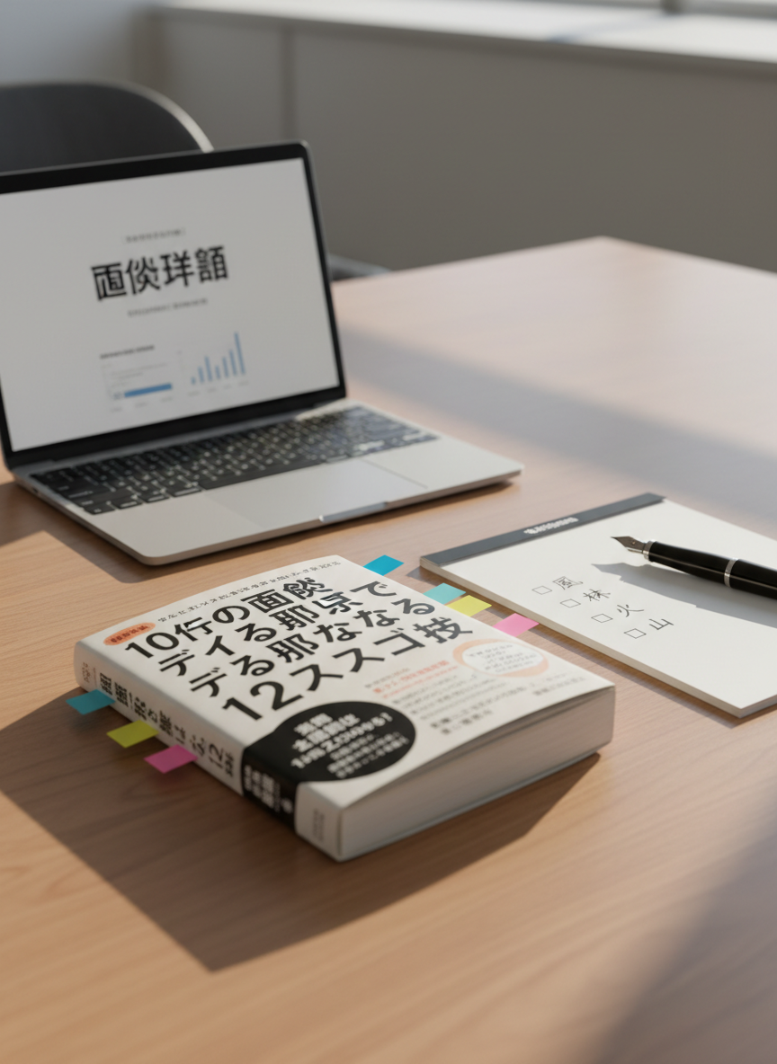 A polished wooden office desk with a neatly opened Japanese business book titled 『10分の面談でデキる部下になる12のスゴ技』 resting at the center, its cream-colored pages marked with color-coded sticky tabs. Beside it, a slim silver laptop displays a simple dashboard labeled “面談計画” and a crisp white notepad shows a handwritten checklist of four interview points: 風, 林, 火, 山. Soft morning daylight pours in from an unseen window, leaving gentle reflections on the desk’s varnished surface and casting calm shadows from a stylish black pen. Shot at eye level in photographic realism with a clean, modern aesthetic, the composition follows the rule of thirds, creating a focused, professional atmosphere that suggests organized, effective management preparation without showing any people.